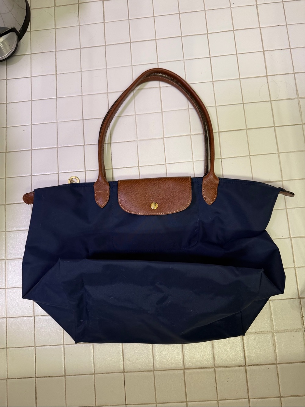 Longchamp La Pliage Tote Navy Blue Nylon Leather Classic Authentic - Picture 14 of 16